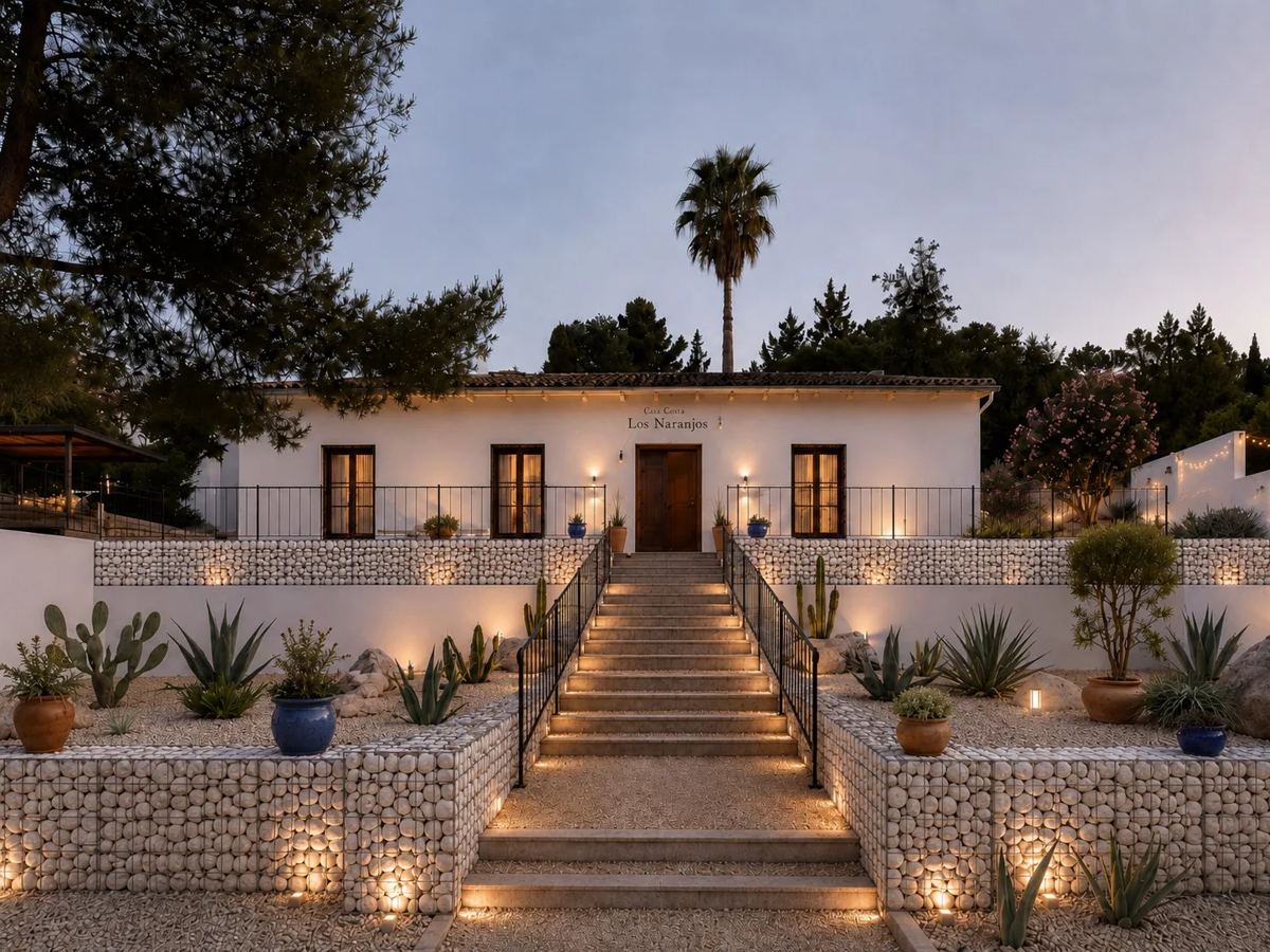 Visualización arquitectónica de una vivienda al atardecer